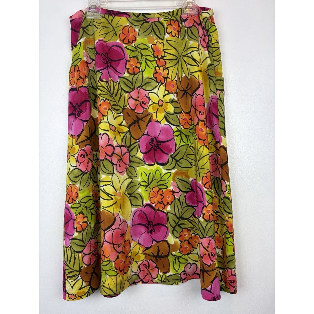 Laura Ashley Midi Skirt Womens 14 100% Silk Floral Statement Artsy Tropical Vaca
